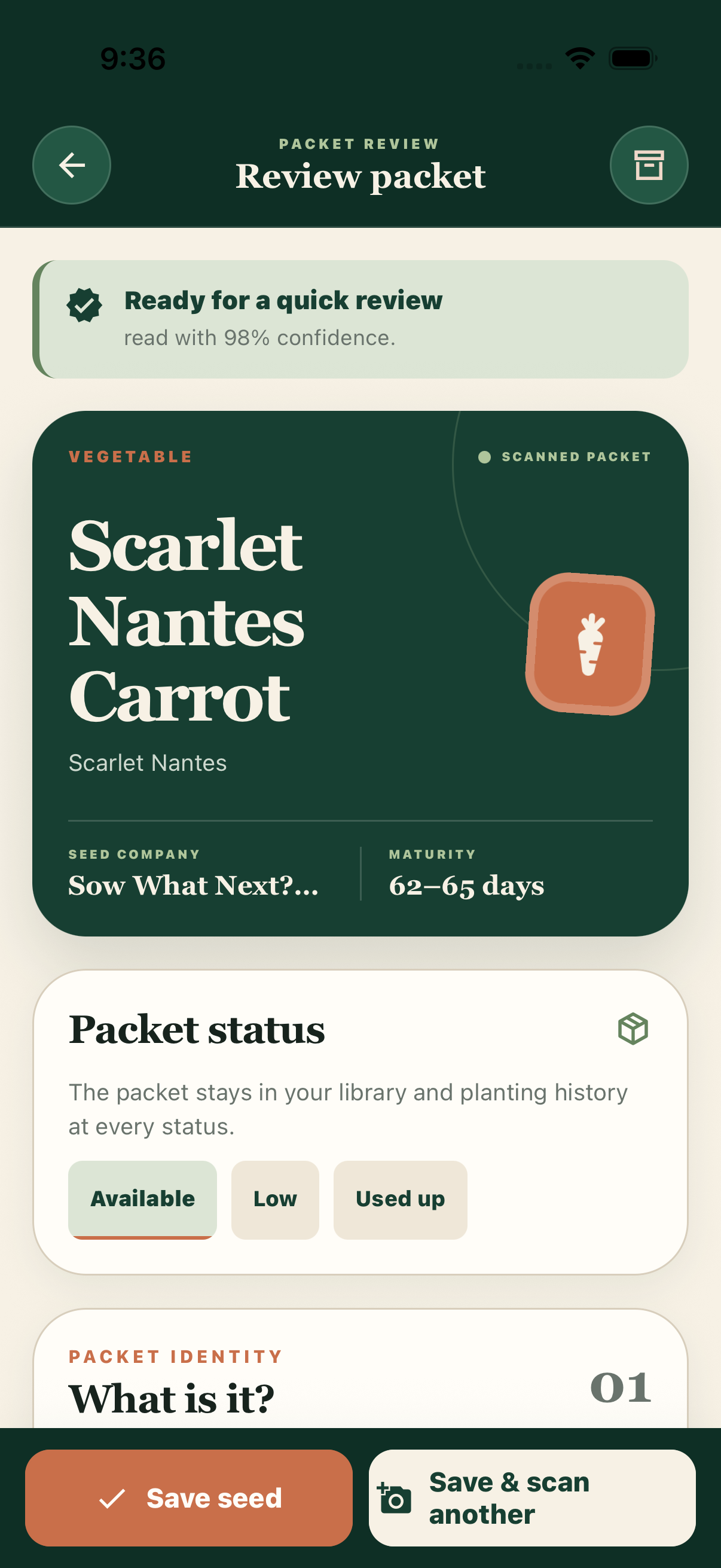 Sow What Next? Packet Detail screen