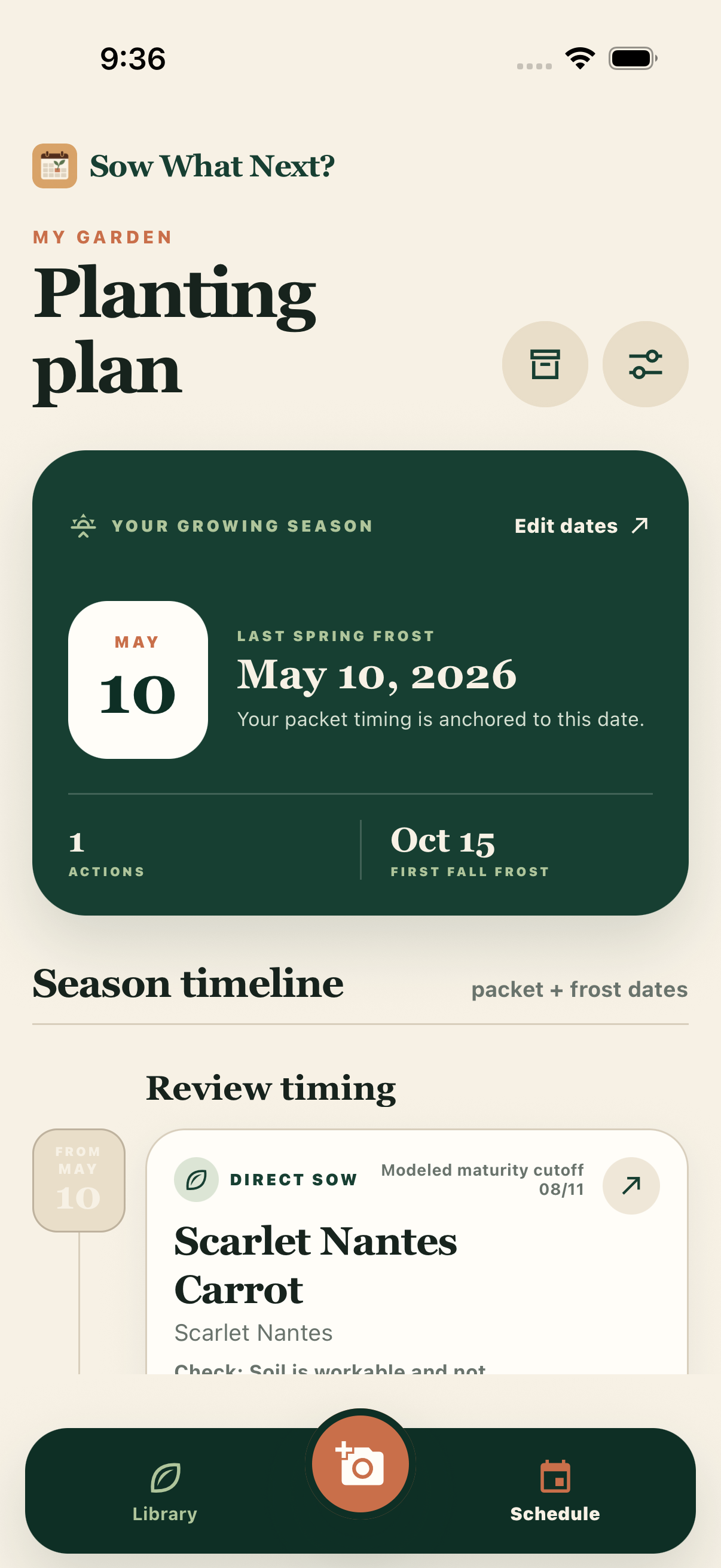 Sow What Next? Schedule screen